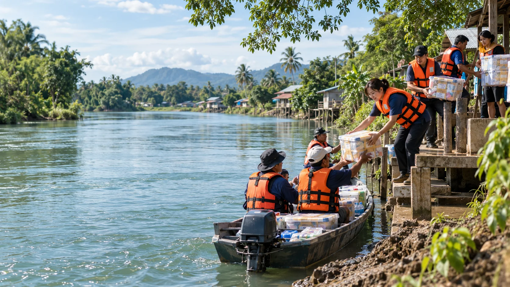 ภาพจำลองทีมอาสาส่งสิ่งของช่วยเหลือทางเรือในชุมชนไทย